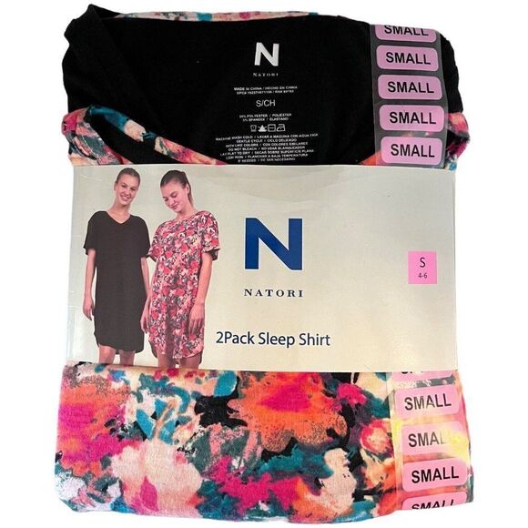NWT Womens N NATORI 2Pack Sleep Shirts Pink Floral Or Black Size SMALL V Neck - Picture 3 of 5